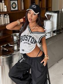 SHEIN EZwear Letter Graphic Striped Trim Tank Top Without Cami Top - White - View 3