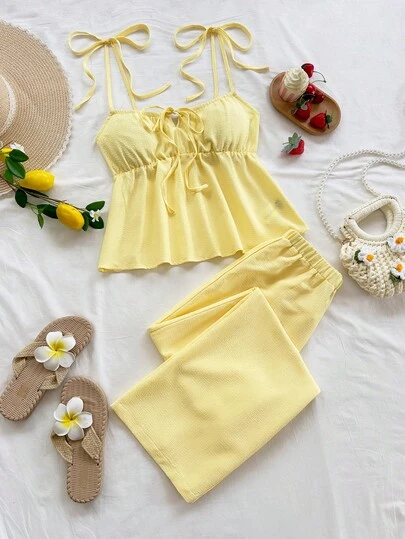 Soleia Conjunto informal de top de tirantes con diseño fruncido y pantalones de pierna ancha de cintura elástica de unicolor para mujer