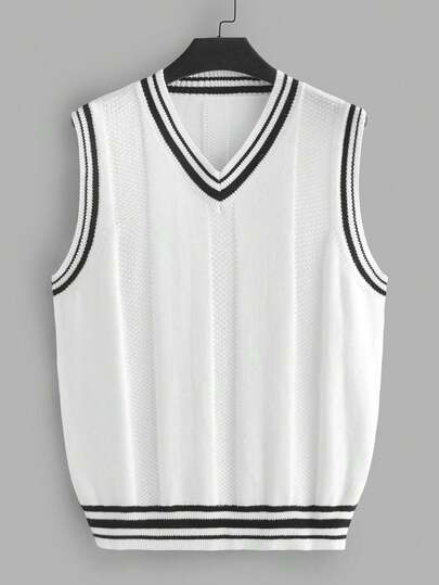 EASEVO 男士加大码V领撞色条纹休闲针织背心