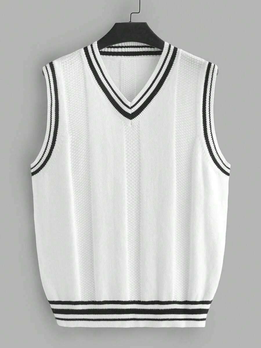 EASEVO Plus Size Men's V-Neck Contrast Stripe Casual Knit Vest - Black and White - View 1