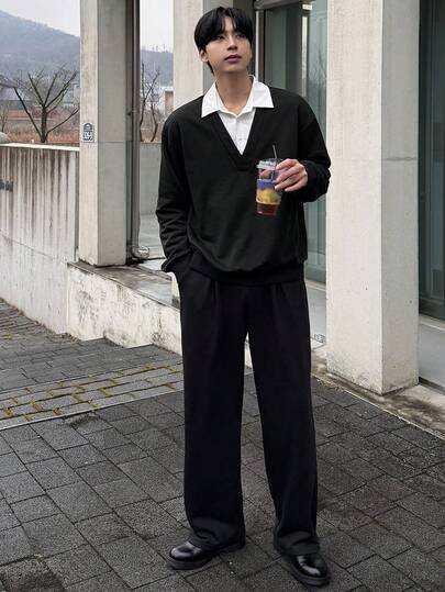 DAZY 男士撞色领 Polo 衫套装，黑色，适合春秋季穿着