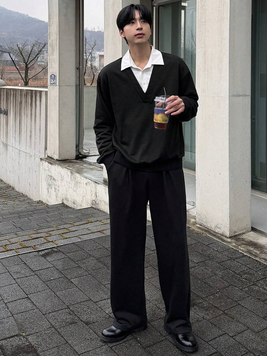 DAZY 男士撞色领 Polo 衫套装，黑色，适合春秋季穿着 - 彩色 - 查看 1