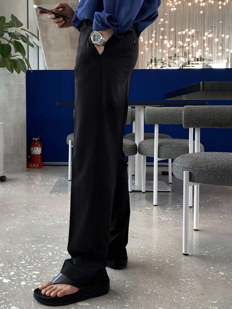 Men's Solid Black Formal Trousers, Suitable For Commuting, Spring