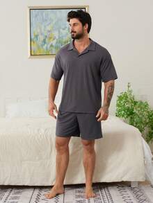 DAZY 纯色藏蓝色T恤搭配男士休闲服套装，夏季 - 淺灰色 - 查看 3