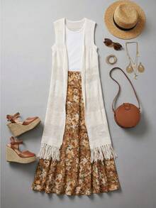 GlowEve Sleeveless Knit Fringe Elegant Romantic Cardigan - Apricot - View 1