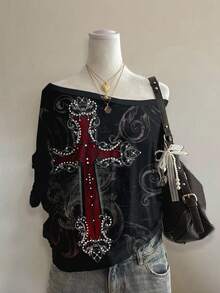 Attitoon Casual Minimalist Cross Full Print Off-Shoulder Loose Women T-Shirt,Graphic Tees Carnival - Multicolor - View 3