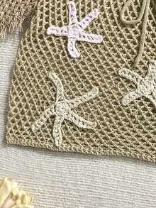 Soleia 女士性感沙滩度假风海星钩编抽绳腰比基尼泳裤 - 卡其色 - 查看 7