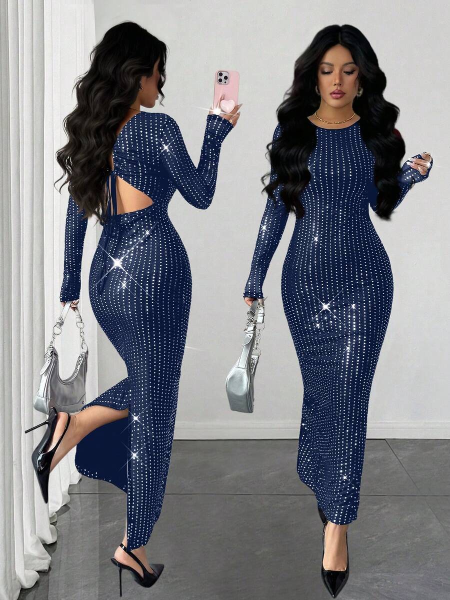 Rafferiza Solid Color Backless Sequin Patchwork Round Neck Bodycon Sexy Long Sleeve Dress - Navy Blue - View 1