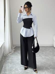 Siren Gaze Women's Blue Striped Long Sleeve Blouse With Black Corset Overlay & Wide Leg Pants Set,Blackness,Autumn,Elegant,Office 2 Pieces Patchwork Casual Suit - Multicolor - View 1