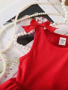 SHEIN Baby Girls Everyday Casual Red Polyester Sleeveless Short Dress With Round Neckline - Red - View 7