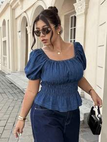 SHEIN ICON Plus Size Solid Color Square Neck Ruched Bust Short Sleeve Denim Blouse - Medium Wash - View 5