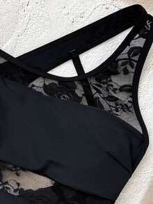 Swim SXY 新款蕾丝拼接性感单肩露背镂空高衩派对、下午茶、浪漫海滩度假连体泳衣，女士，春夏款 - 黑色 - 查看 5