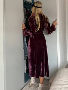 DAZY Women's Long Velvet Lace Trim Robe Loungewear Jacket, Autumn/Winter - Burgundy - View 2