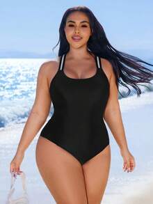Swim SPRTY Plus Size Women's Solid Color Sports Style One-Piece Swimsuit - Black - View 2