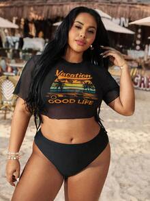 Swim Vcay 大码女士热带植物印花罩衫搭配女士吊带比基尼沙滩度假休闲泳衣两件套 - 黑色 - 查看 5