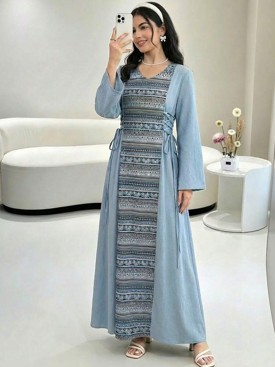 SHEIN 少女蓝色迷雾蓝色亚麻雪纺拼接印花流苏系腰休闲连衣裙，春夏款 - 藍色 - 查看 1