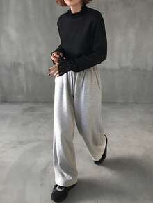 FRIFUL 纯色高领长袖拼接薄纱蕾丝面料宽松休闲百搭T恤 - 黑色 - 查看 2