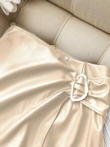 Franclia 女士休闲时尚街头风PU皮短裙，适合毕业典礼、教师节、返校季等场合 - 卡其色 - 查看 4