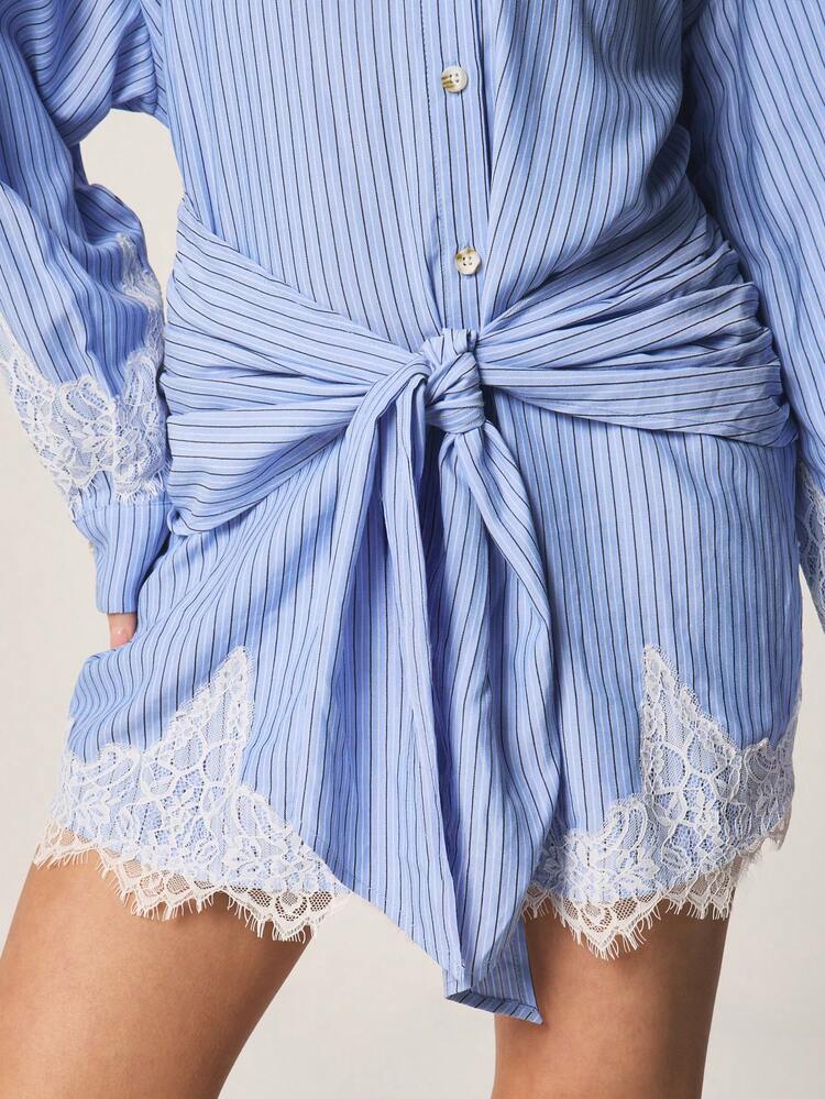 MISSGUIDED Striped Shirt Dress With Lace Trim Button Front And Tie Waist Detail Long Sleeve Mini Dress For Spring Summer Casual Day Occasions