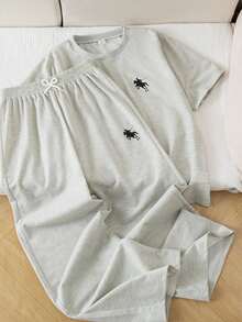 Sparklyn Áo thun cổ tròn tay ngắn thêu họa tiết và quần dài cho bé gái tuổi teen - Xám - Xem 3