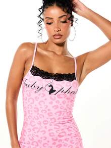 BABYPHAT Đầm ngắn họa tiết da báo với viền ren đen, kiểu áo hai dây không tay ôm sát cơ thể, thích hợp cho buổi tối đi hộp đêm hoặc ngày Valentine. - Hồng - Xem 6