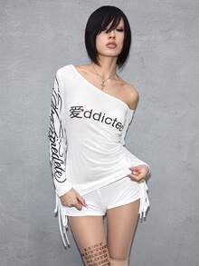 ROMWE 女士字母印花斜肩长袖褶皱时尚T恤 - 白色 - 查看 6