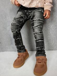 SHEIN Young Boy Fashionable Retro Design Distressed Vintage Washed Raw Edges Patchwork High Stretch Slim Fit Blue Jeans,For Winter Outdoor Wear - Black - View 4