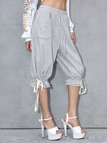 ROMWE Avant Multi-Layer Drawstring Tie Frayed Hem Casual Capri Pants - Grey - View 4