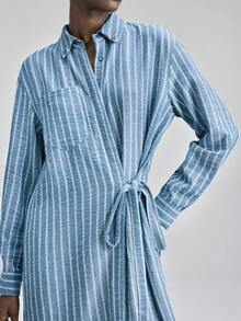 Ontre Women's Blue & White Vertical Striped Fabric Fitted Silhouette Dropped Shoulder Long Sleeve Waist Tie Sophisticated Elegant Wedding Guest Outfit, Minimalist Romantic French Luxe Urban Chic Business Casual Office Wear, Low-Key Old Money Vibe High-End City Commute High-Quality Airport Cruise Middle East Essential Versatile All-Season Wedding Series Women Shirt Dress - Multicolor - View 7