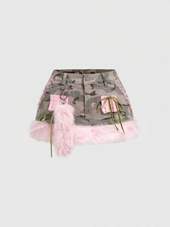 J-Fashion تنورة جينز قصيرة منخفضة الخصر للنساء بتصميم بقع الكاموفلاج الفاخر بطراز Y2K