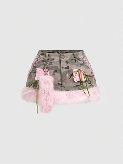 J-Fashion Y2K scharfe Camouflage Patchwork Plüsch Taille-Tief Damen Jeans Mini Rock