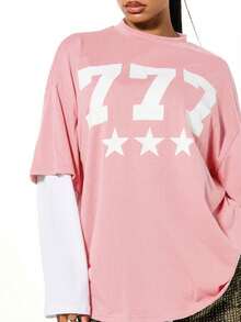 SUMWON WOMEN Oversized Crew Neck T-Shirt mit Nummer-Muster und Stern-Grafik für lässigen Streetwear Layering Stil