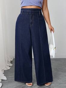 SHEIN Elenzya 大码女式优雅舒适深蓝色无弹直筒牛仔裤 - 深色水洗藍 - 查看 4
