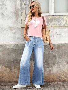SHEIN LUNE Women's Casual Everyday Washed Pocket Flare Jeans - Blue - View 6