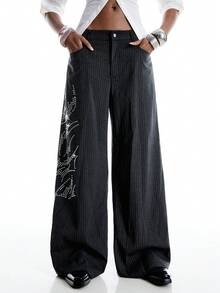 LYSMO 女士休闲日常条纹水钻装饰阔腿裤 - 深灰色 - 查看 3