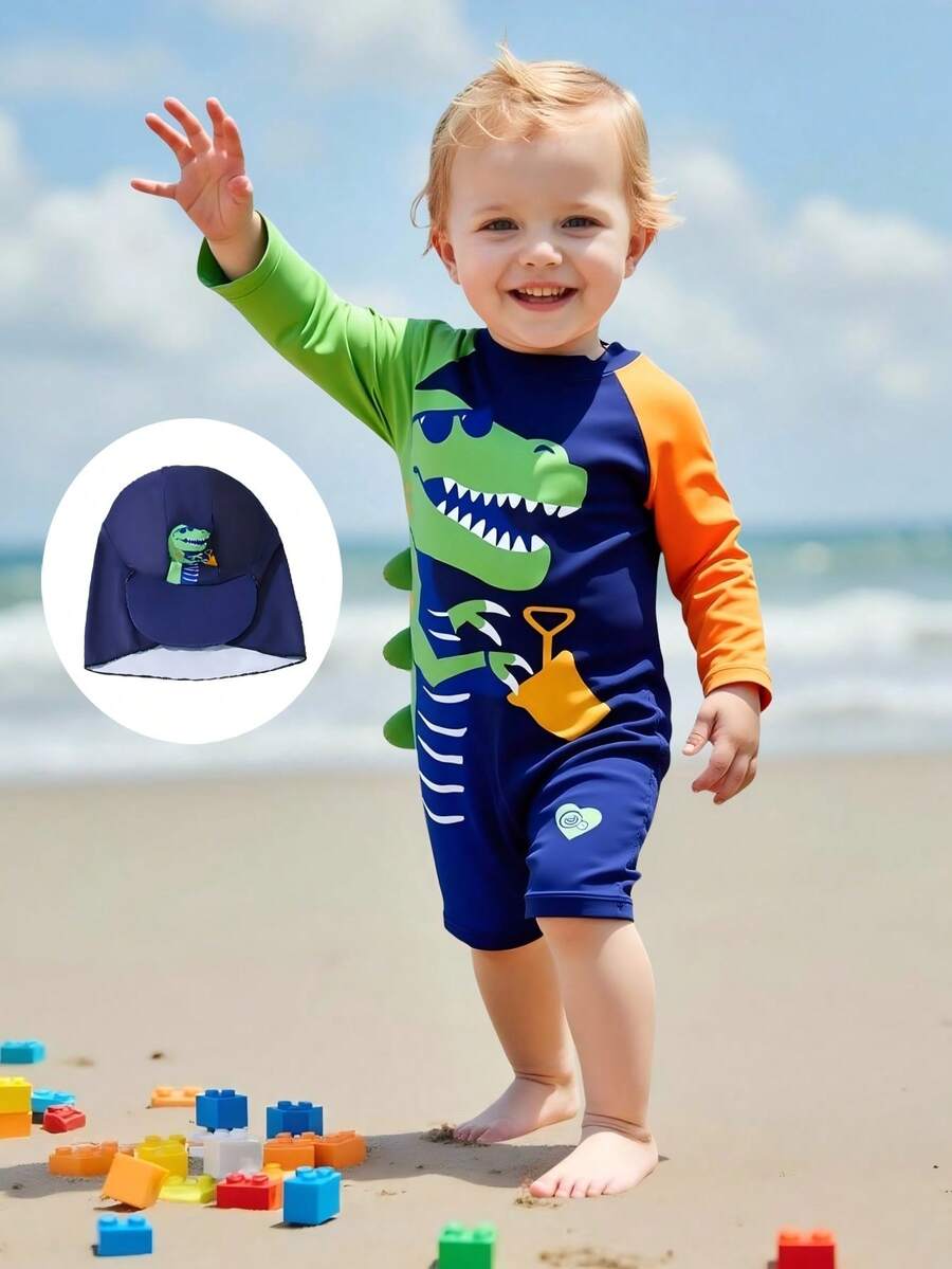1pc Toddler Boys' One-Piece Long Sleeve Hooded Swimsuit, Cartoon Print, For Beach, Swimming, Vacation Baby Boy Long Sleeve Rash Guard Boy Swimsuit Set Long Sleeve - Navy Blue - View 1