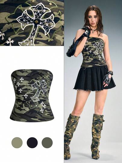 Grunge Punk Y2K Vintage Camouflage Kreuz Stickerei Nieten Crop Top