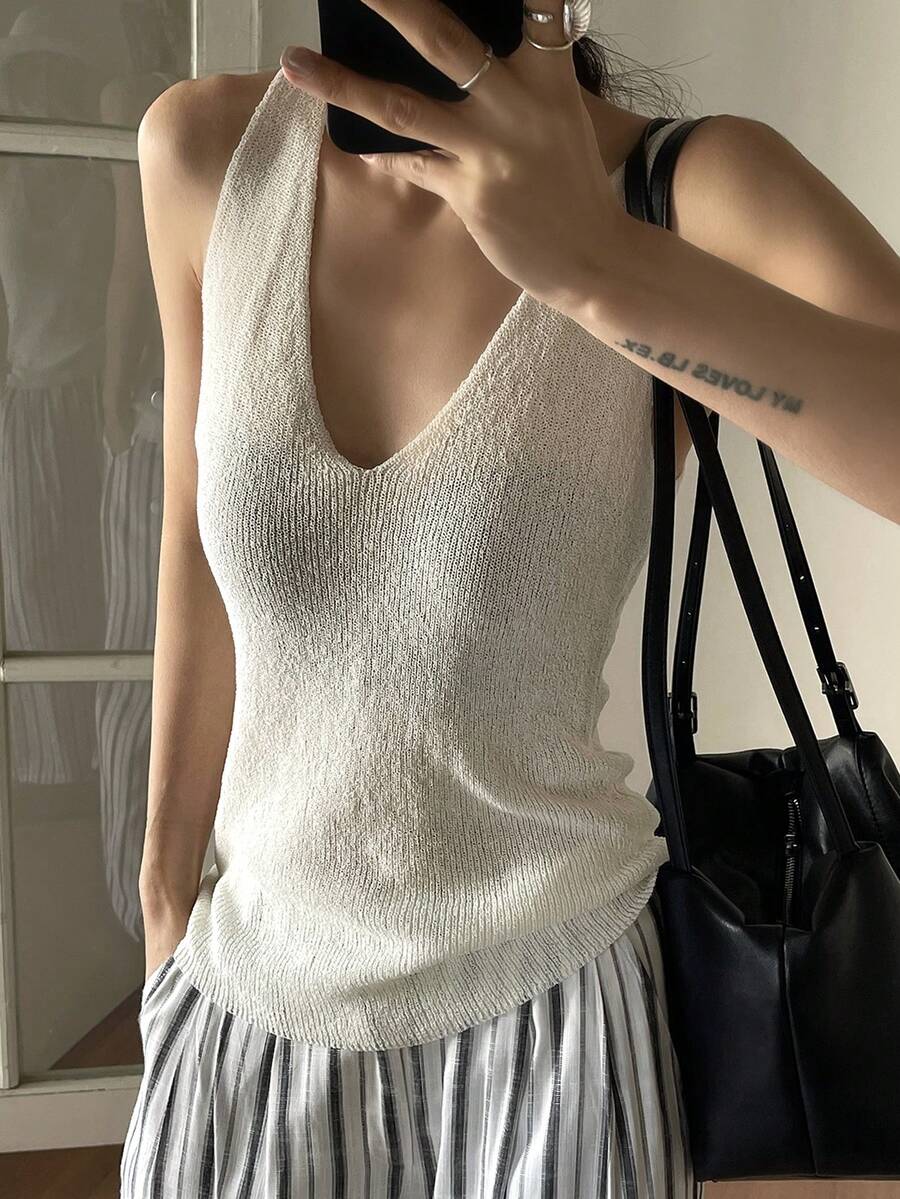 Livesso Áo ba lỗ dệt kim không tay dành cho nữ, trang phục công sở thường ngày, mùa xuân/hè. - Màu be - Xem 1