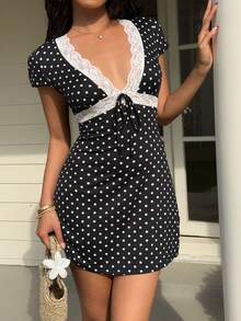 Sunnyshic Đầm chữ A màu đen dành cho nữ, cổ chữ V sâu, phối ren và chấm bi, thích hợp cho dã ngoại, hẹn hò, đa năng. - màu đen - Xem 3