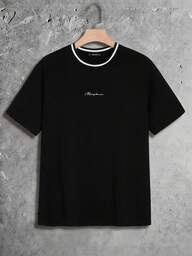 GENTILAND Camiseta de hombre de verano de algodón con estampado de letras y cinta a rayas en el cuello