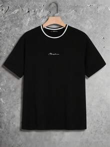 GENTILAND Men Cotton Letter Print Striped Tape Neck Tee, Summer