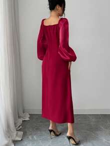 Modelyn French Design Square Neck Rhinestone Patchwork Women Dress - Burgundy - View 2