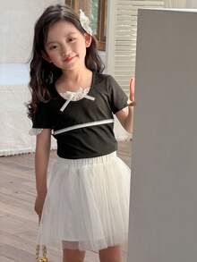 DAZY 女童（小号）撞色蕾丝短袖T恤，秋季服装 - 黑色 - 查看 1