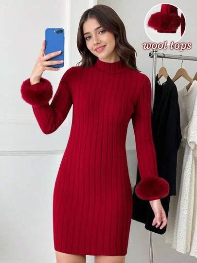 Elladie kids Teen Girls Fitted Burgundy Ribbed Short Dress With Faux Fur Cuffs Long Sleeve Stand Collar Christmas Pattern Everyday Casual Outfit