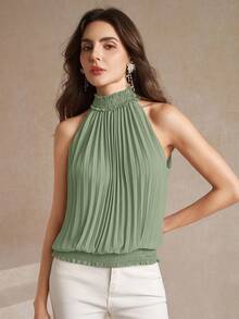 Amorya Blusa elegante sin mangas de unicolor y plisada, para verano - verde menta - Ver 6