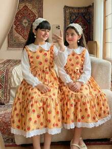 Robe à manches longues col rond pour filles avec poignets élastiques, imprimé numérique rose orange, ourlet plissé avec dentelle, style casual, polyvalent et mode princesse - Jaune citron - Voir 3