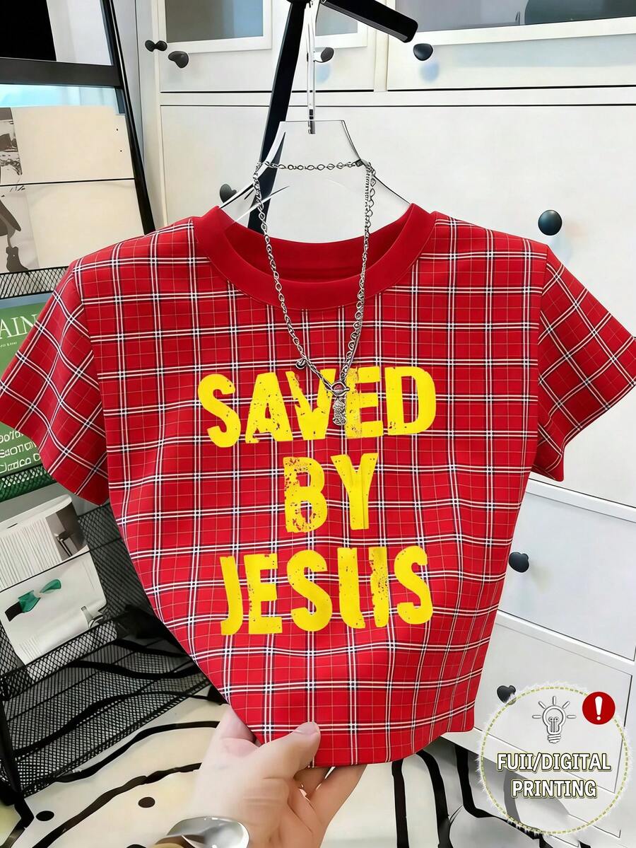 Resyla Women's Casual Plaid Slogan Print T-Shirt, Summer - Multicolor - View 1