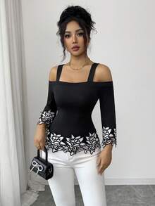 SHEIN Elenzya 優雅浪漫度假風黑白3D花卉飾邊露肩女款T恤長袖上衣黑色露肩上衣黑白蕾絲上衣性感上衣黑色露肩上衣黑白上衣女款性感襯衫女款性感上衣蕾絲飾邊上衣刺繡上衣女款上衣與襯衫工作襯衫女款襯衫女款新款上衣優雅上衣女款貼身上衣女款最新上衣 - 黑色 - 查看 5