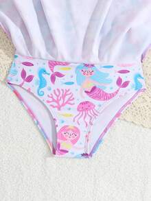 SHEIN Playful Pals 女童连体泳衣，1件装。这款连体泳衣采用裙摆设计，饰有可爱的卡通图案，配有拉链，风格甜美可爱，适合女孩游泳、海滩度假和水上乐园活动。长袖和裙摆设计提供良好的皮肤保护，面料优质。 - 彩色 - 查看 6