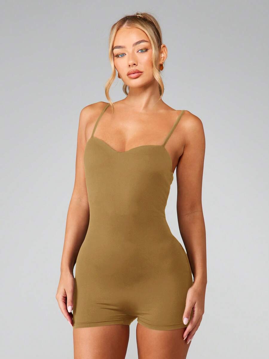 MISSGUIDED Sculpt Body Hugging Sweetheart Neckline Unitard With Adjustable Straps And Back Cutout Detail - Camel - View 1